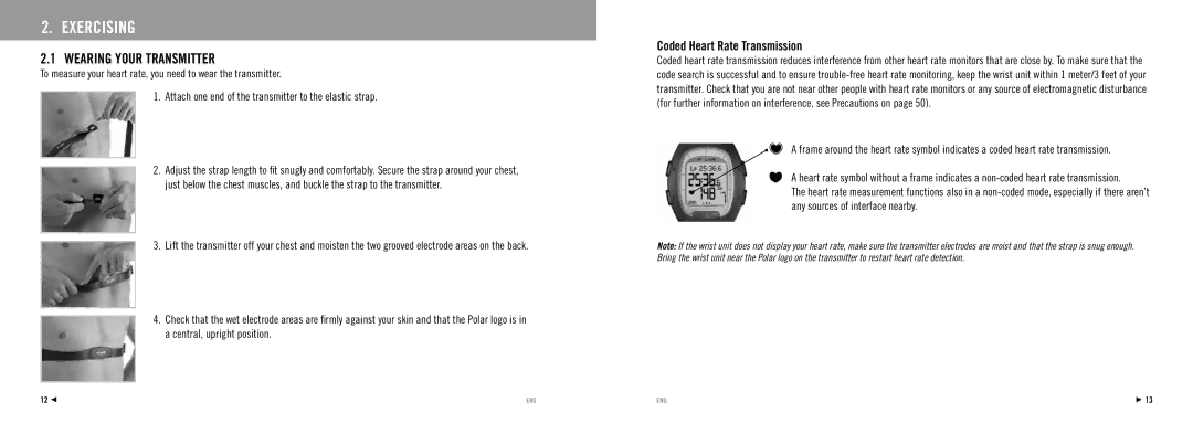 Polar RS100 manuel dutilisation Exercising, Wearing Your Transmitter, Coded Heart Rate Transmission 