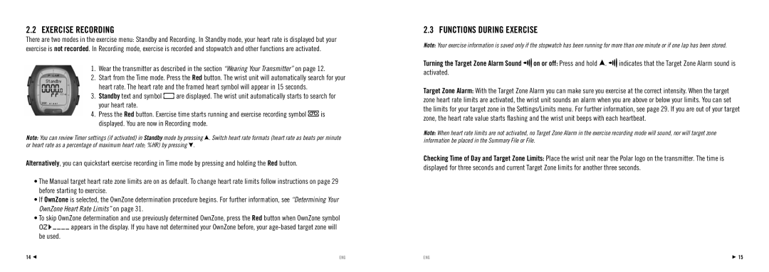 Polar RS100 manuel dutilisation Exercise Recording, Functions During Exercise, Be used 