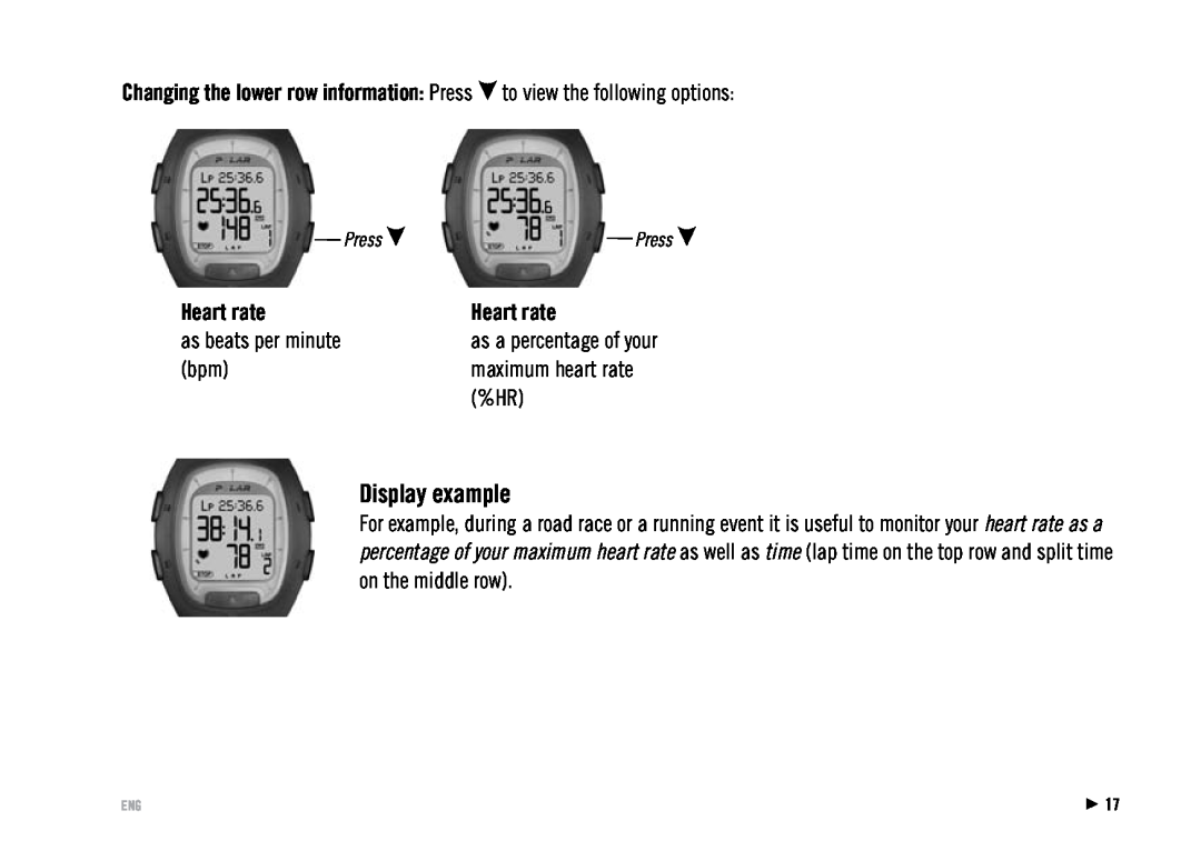 Polar RS100 user manual Display example, Heart rate, Press 