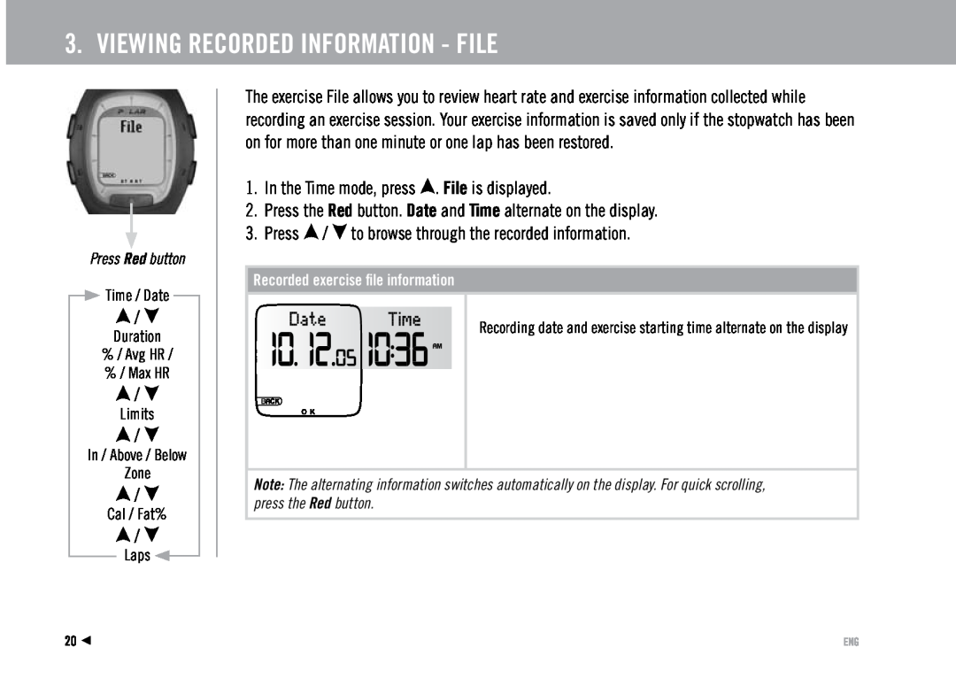 Polar RS100 user manual Viewing Recorded Information - File 