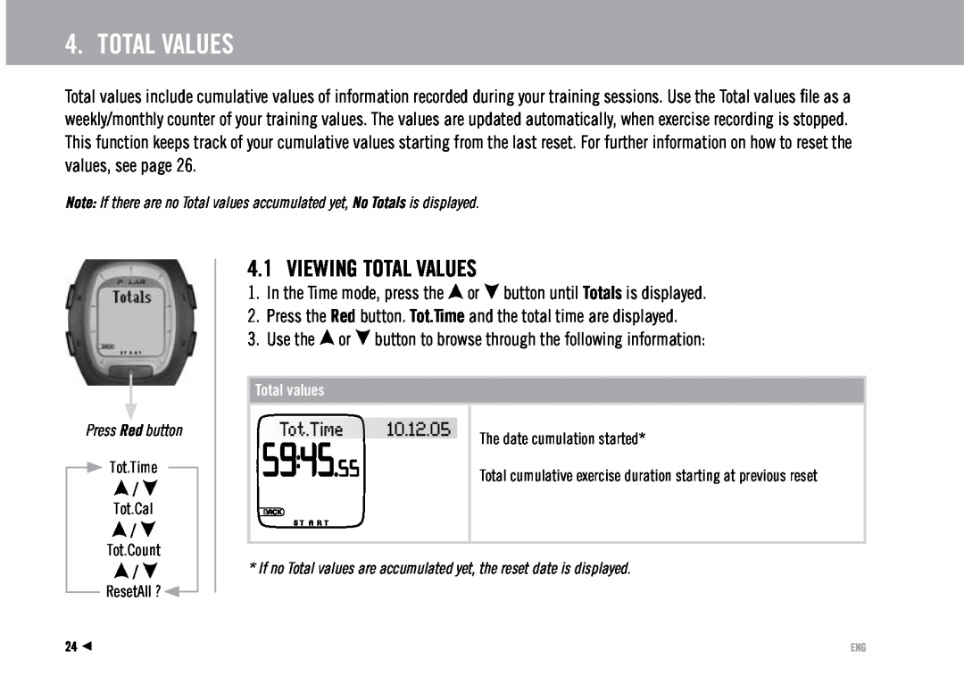 Polar RS100 user manual Viewing Total Values 