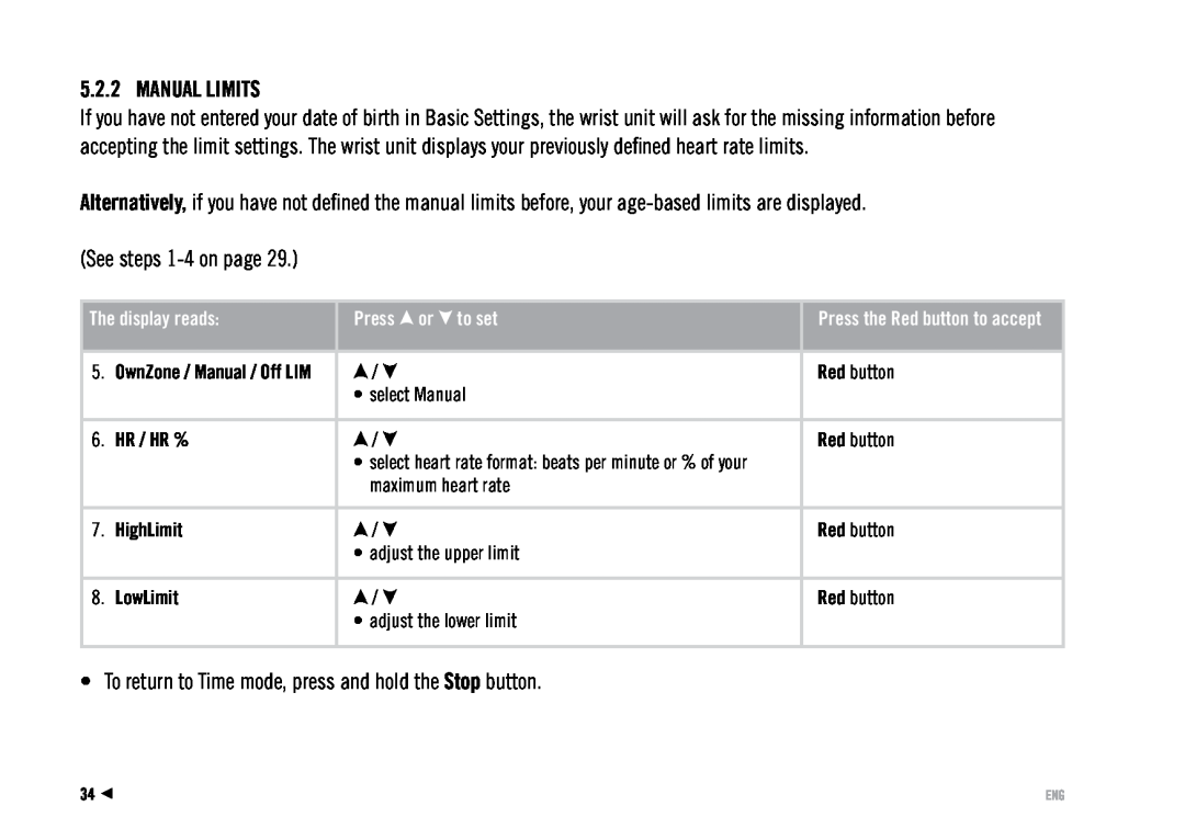 Polar RS100 user manual Manual Limits 