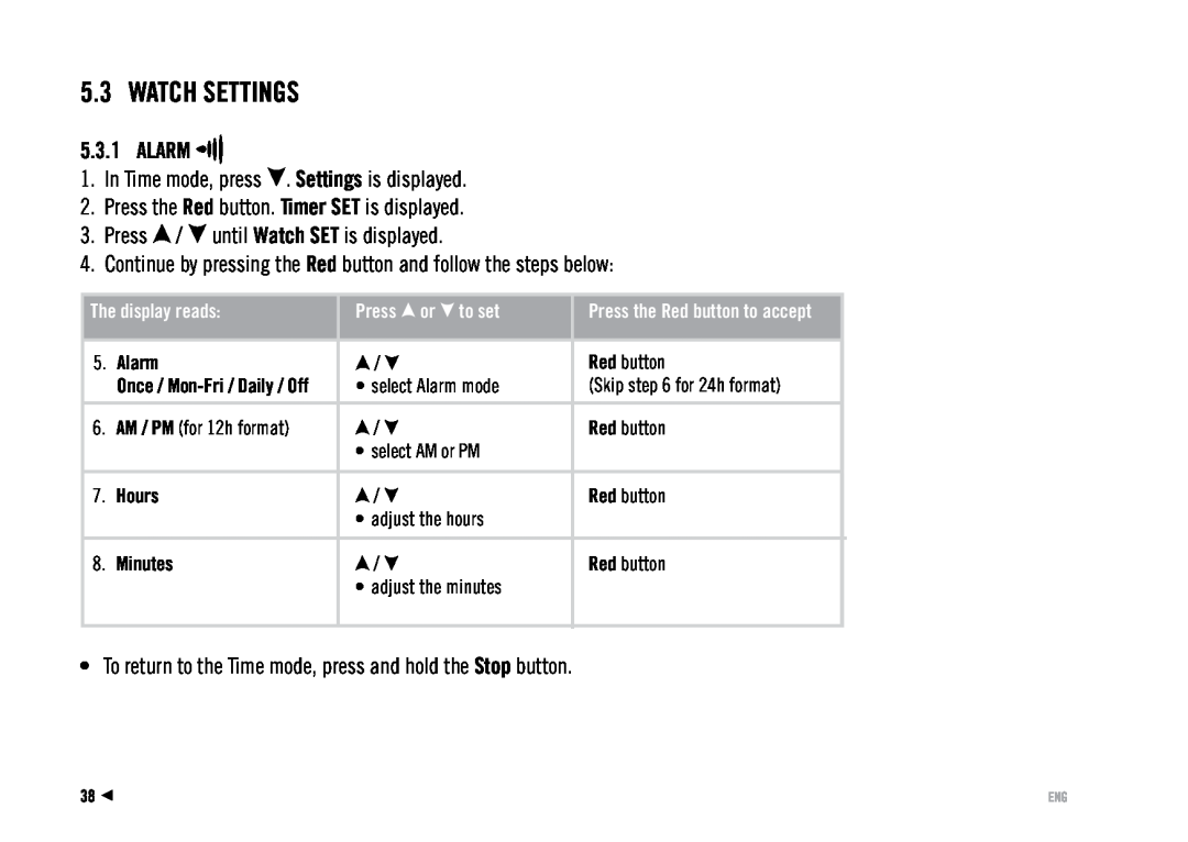 Polar RS100 user manual Watch Settings, Alarm 