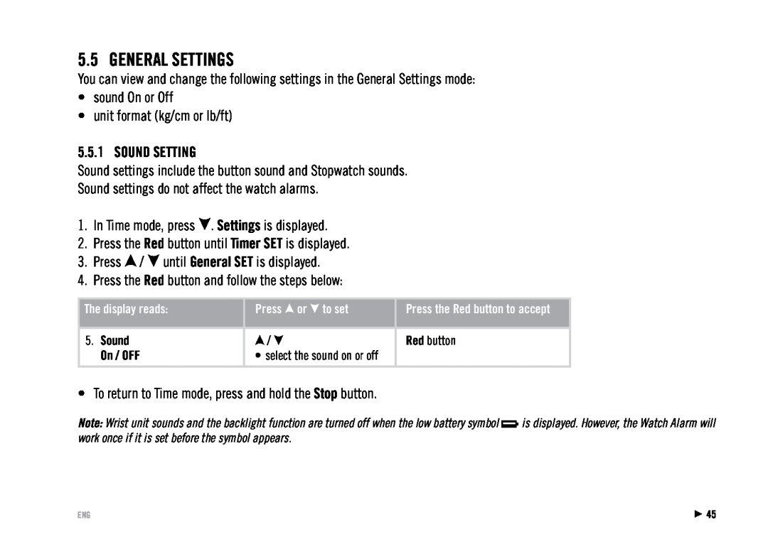 Polar RS100 user manual General Settings, Sound Setting 