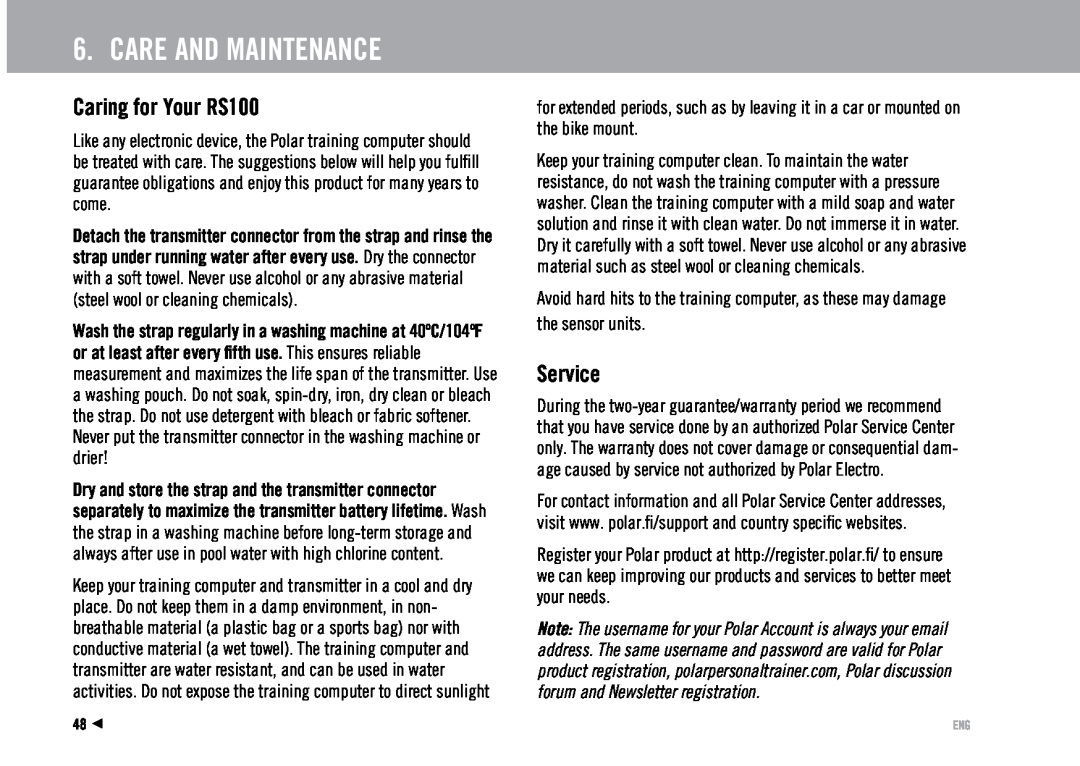 Polar user manual Care And Maintenance, Caring for Your RS100, Service 
