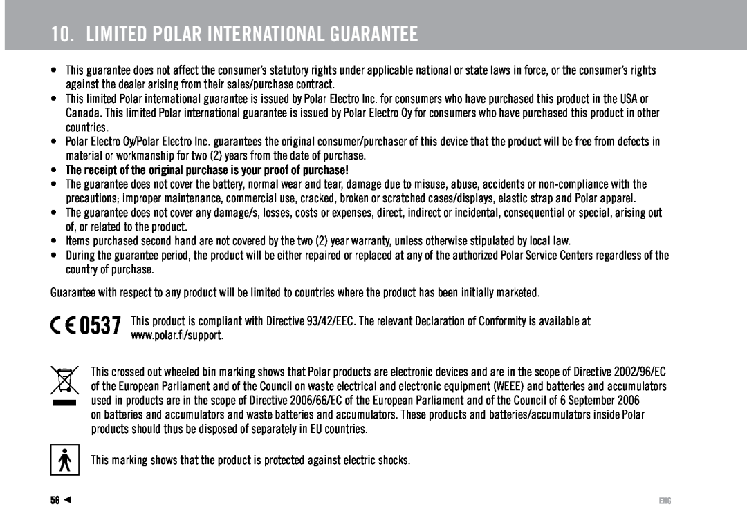 Polar RS100 user manual Limited Polar International Guarantee, 0537 
