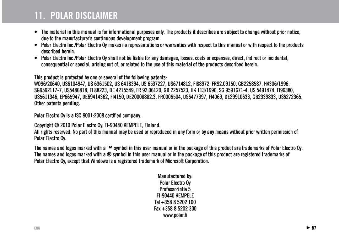 Polar RS100 user manual Polar Disclaimer 