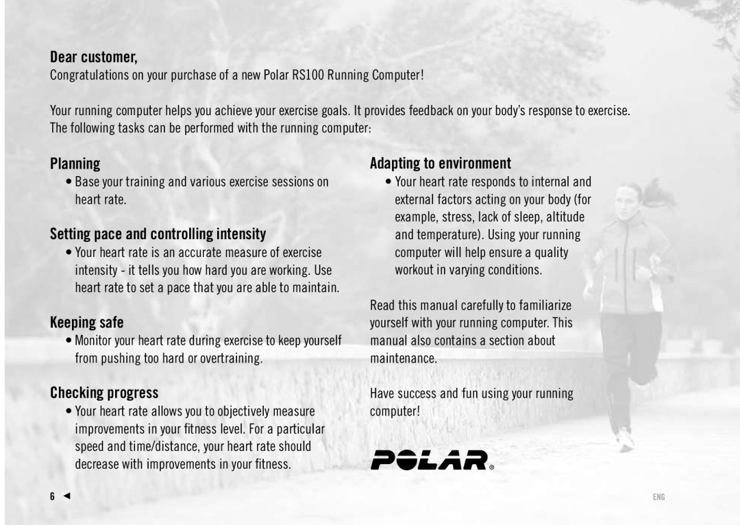Polar RS100 Planning, Setting pace and controlling intensity, Keeping safe, Checking progress, Adapting to environment 