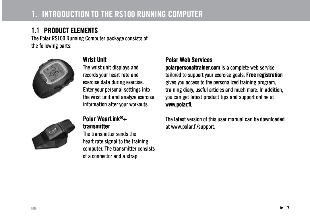 Polar user manual INTRODUCTION TO THE RS100 RUNNING COMPUTER, Product Elements, Wrist Unit, Polar Web Services 