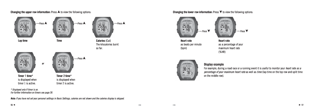 Polar RS100 manuel dutilisation Lap time, Calories Cal, so far, Timer 1 time, Heart rate 