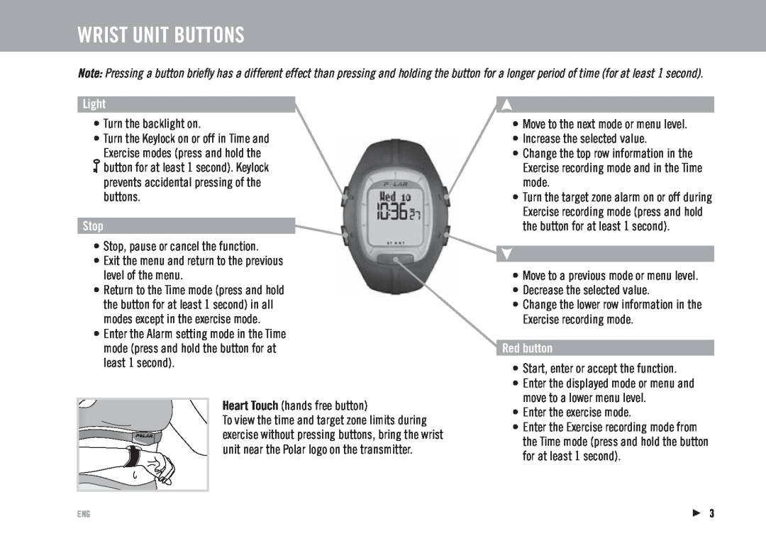 Polar RS100 manuel dutilisation Wrist Unit Buttons, Light, Stop, Red button 