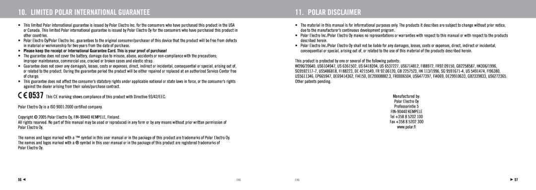 Polar RS100 manuel dutilisation Limited Polar International Guarantee, Polar Disclaimer 