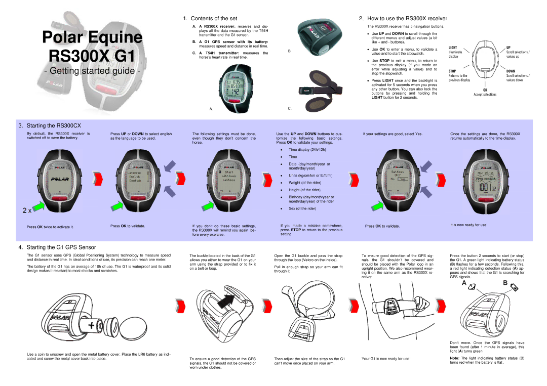 Polar T54H manual Starting the RS300CX, Contents of the set, How to use the RS300X receiver, Starting the G1 GPS Sensor 