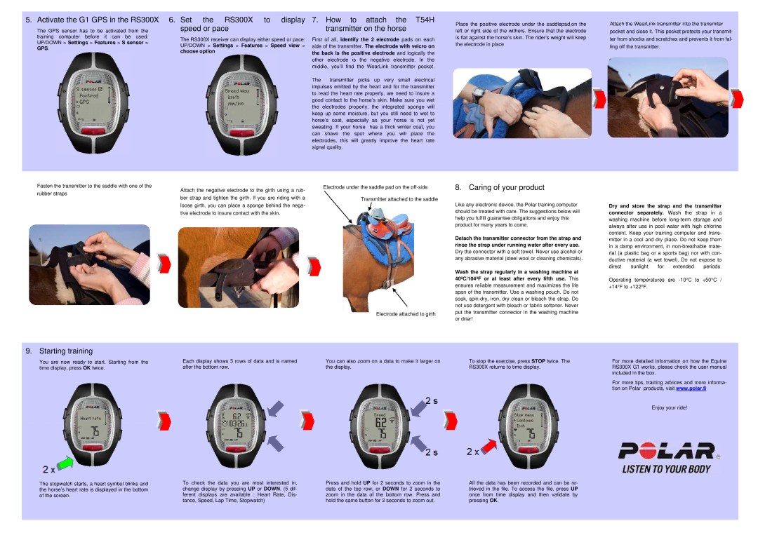 Polar T54H manual Activate the G1 GPS in the RS300X, Set the RS300X to display speed or pace, Caring of your product 