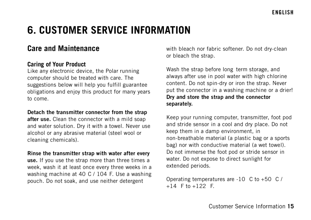 Polar RS400 manual Customer Service Information, Care and Maintenance, Caring of Your Product 