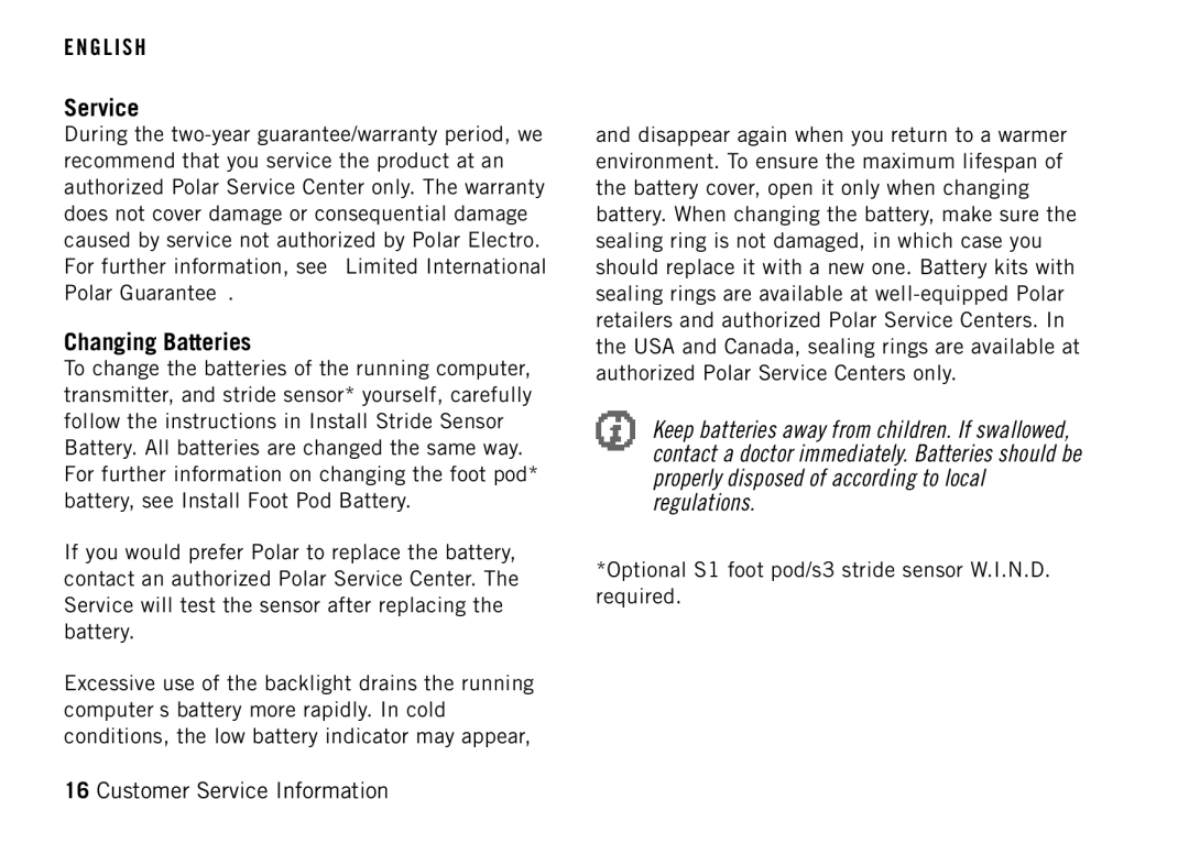 Polar RS400 manual Service, Changing Batteries 