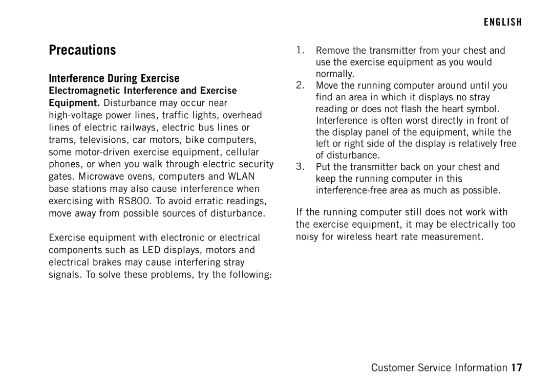 Polar RS400 manual Precautions, Interference During Exercise 