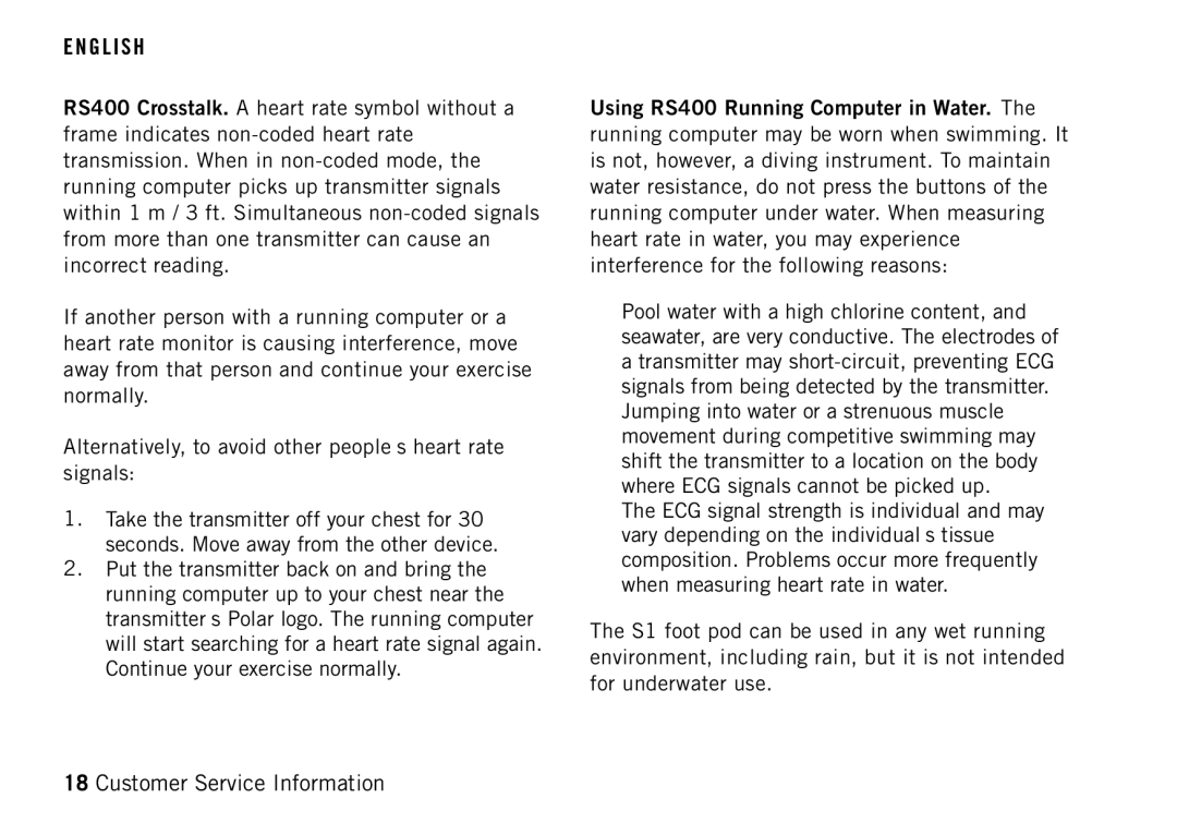 Polar manual Using RS400 Running Computer in Water 