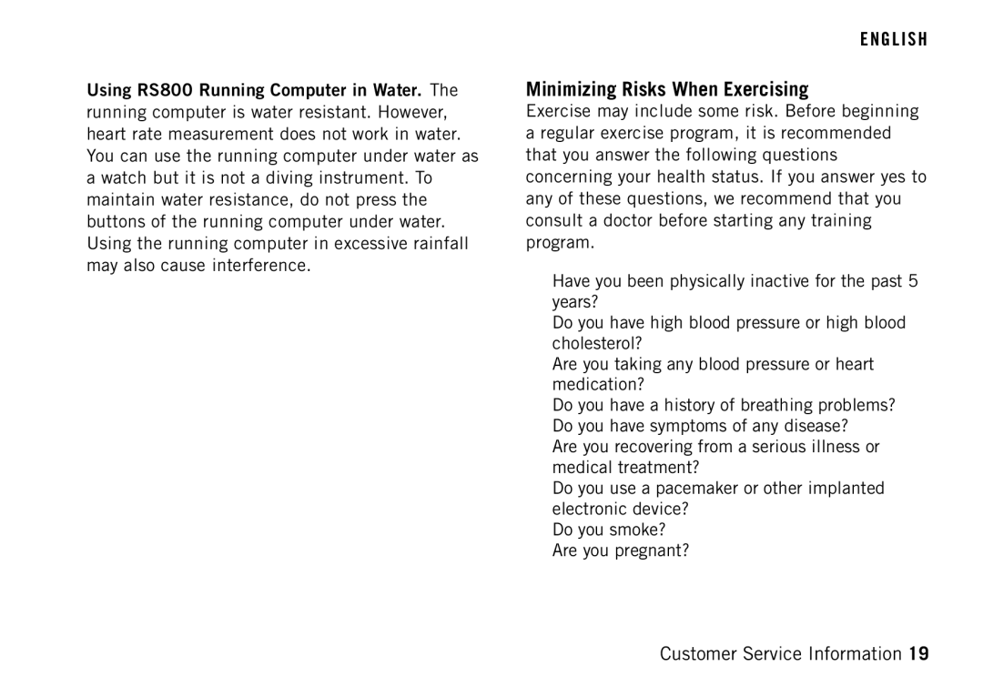 Polar RS400 manual Minimizing Risks When Exercising, Using RS800 Running Computer in Water 