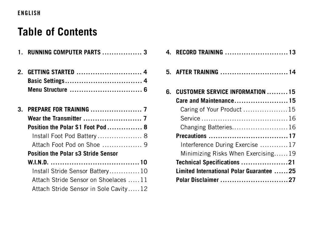 Polar RS400 manual Table of Contents 