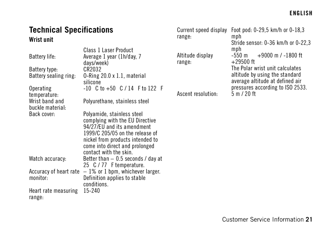 Polar RS400 manual Technical Specifications, Wrist unit 