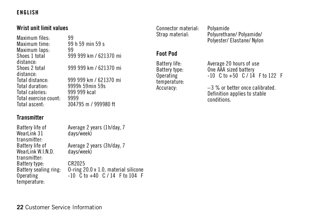 Polar RS400 manual Wrist unit limit values, Transmitter, Foot Pod 