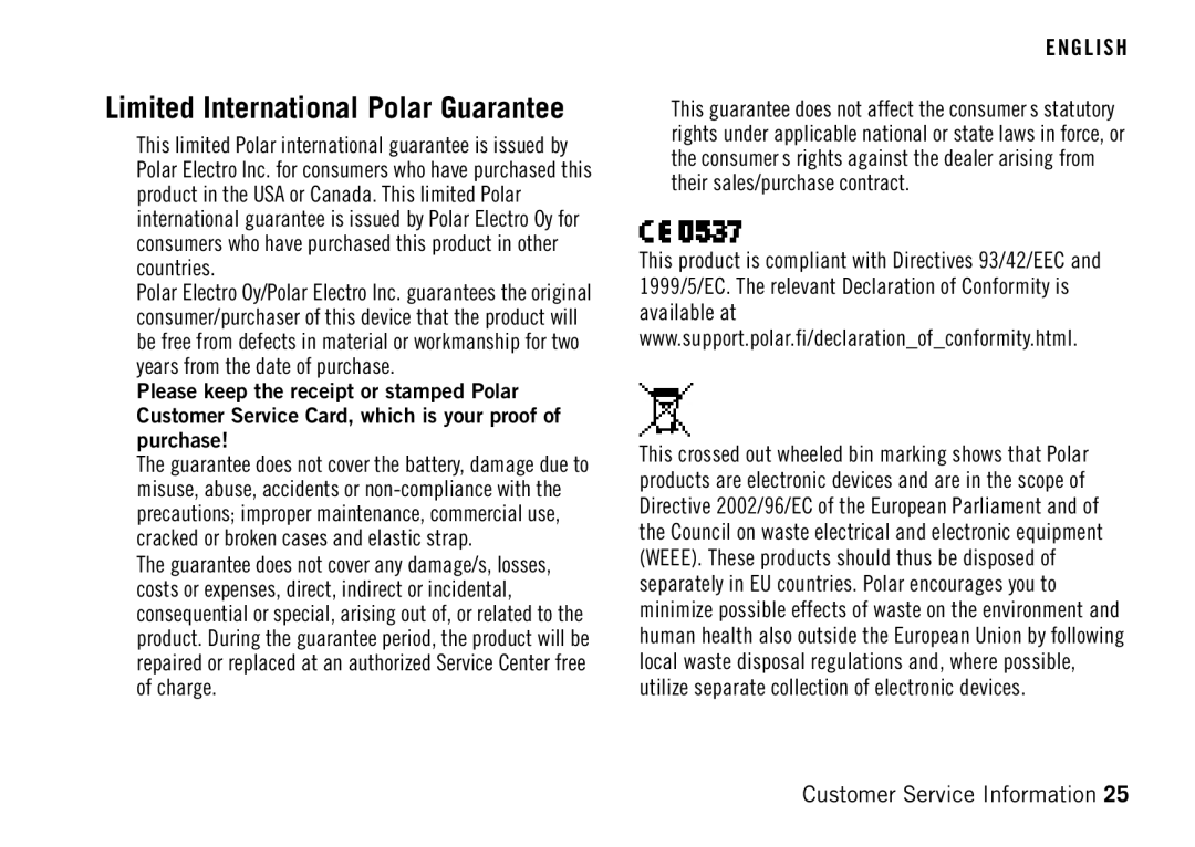 Polar RS400 manual Limited International Polar Guarantee 