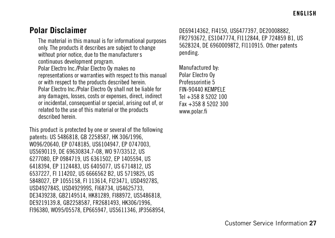 Polar RS400 manual Polar Disclaimer 