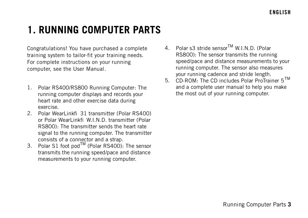 Polar RS400 manual Running Computer Parts 