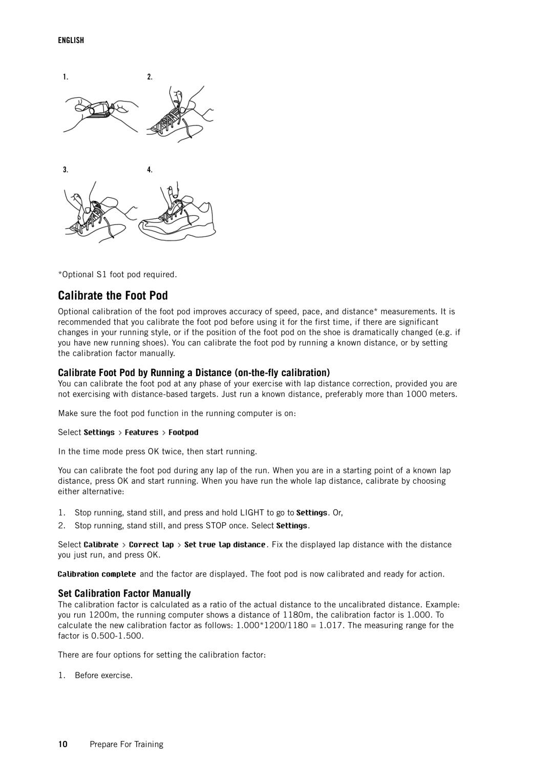 Polar RS400 user manual Calibrate the Foot Pod, Set Calibration Factor Manually 