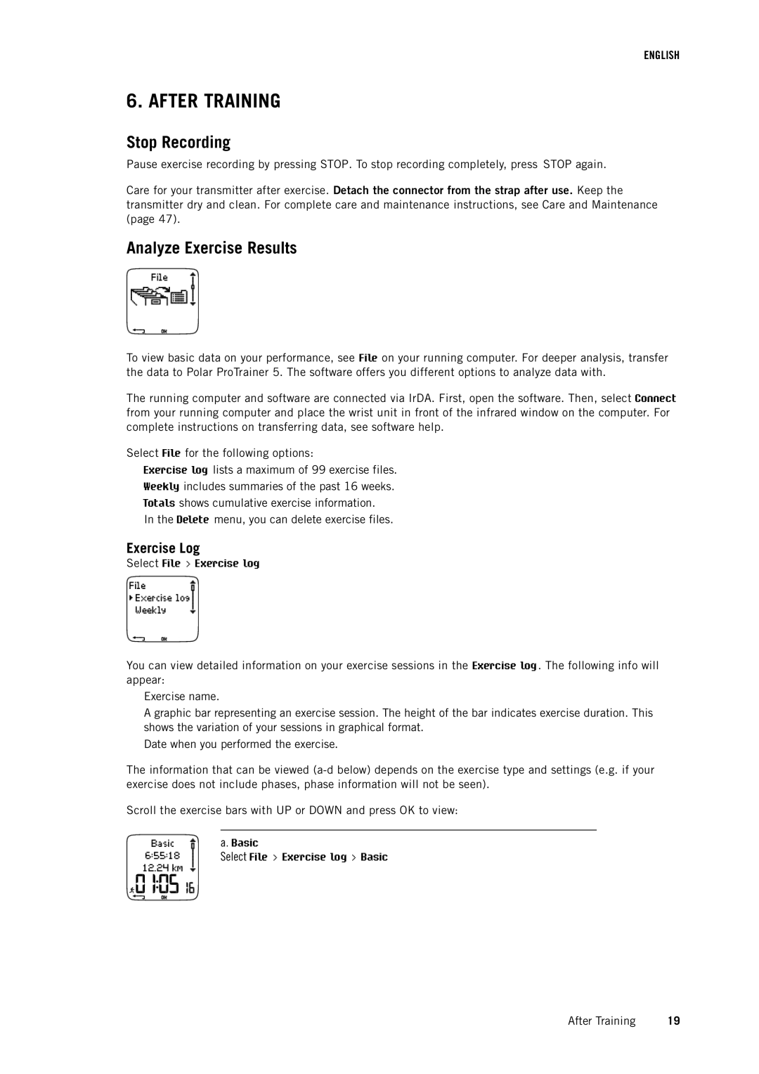 Polar RS400 user manual After Training, Stop Recording, Analyze Exercise Results, Exercise Log 