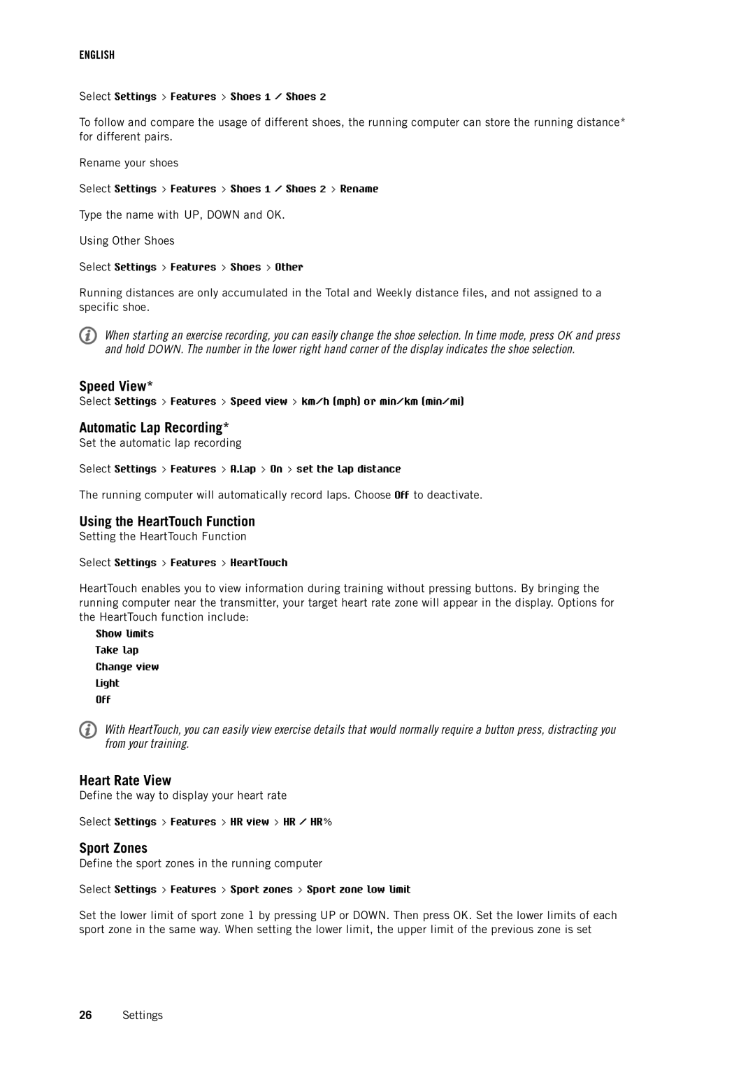 Polar RS400 user manual Speed View, Automatic Lap Recording, Using the HeartTouch Function, Heart Rate View, Sport Zones 