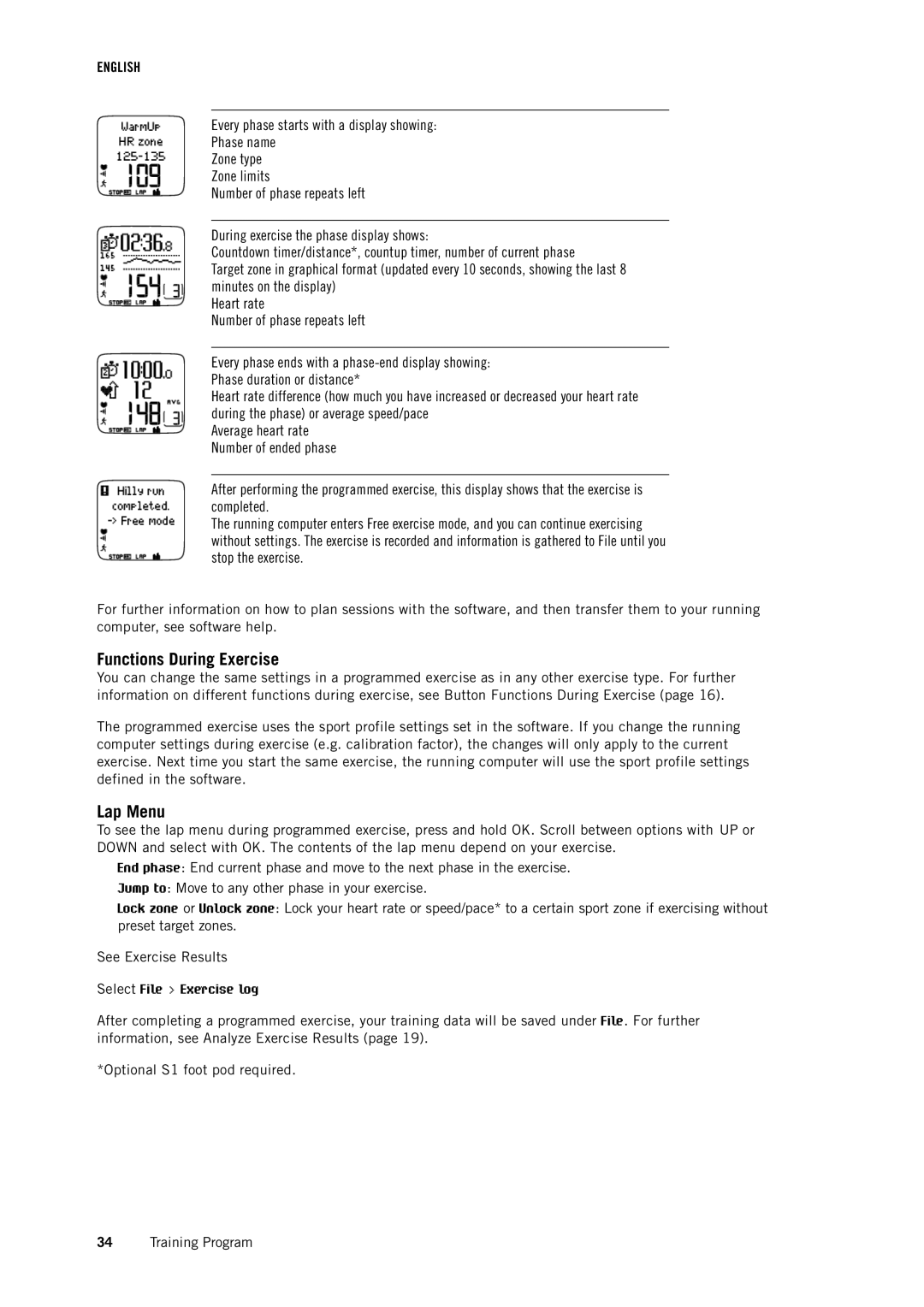 Polar RS400 user manual Functions During Exercise, Lap Menu 