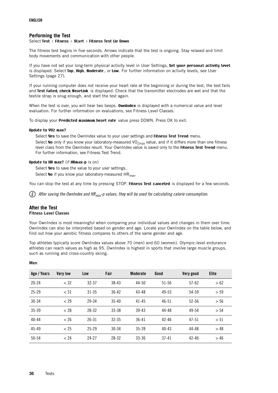 Polar RS400 user manual Performing the Test, After the Test, Fitness Level Classes, Men 