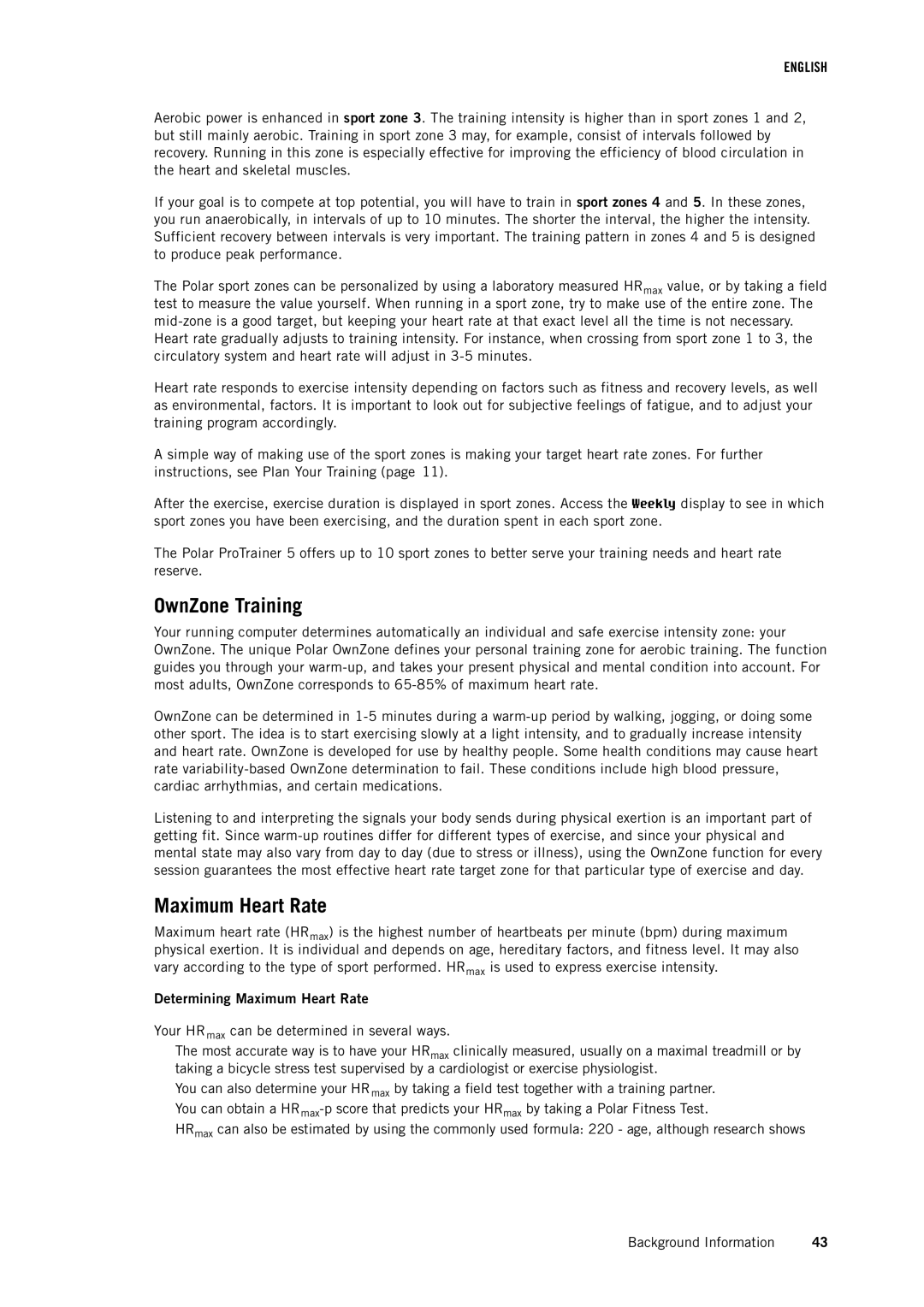 Polar RS400 user manual OwnZone Training, Determining Maximum Heart Rate 