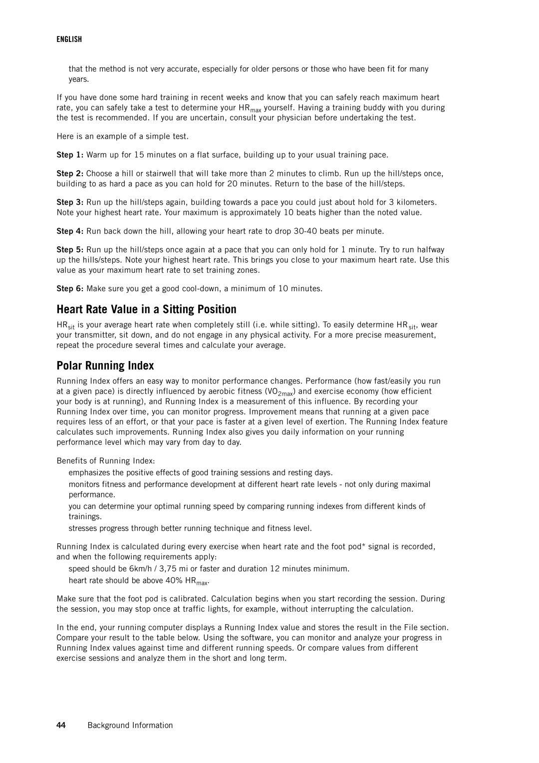 Polar RS400 user manual Heart Rate Value in a Sitting Position, Polar Running Index 