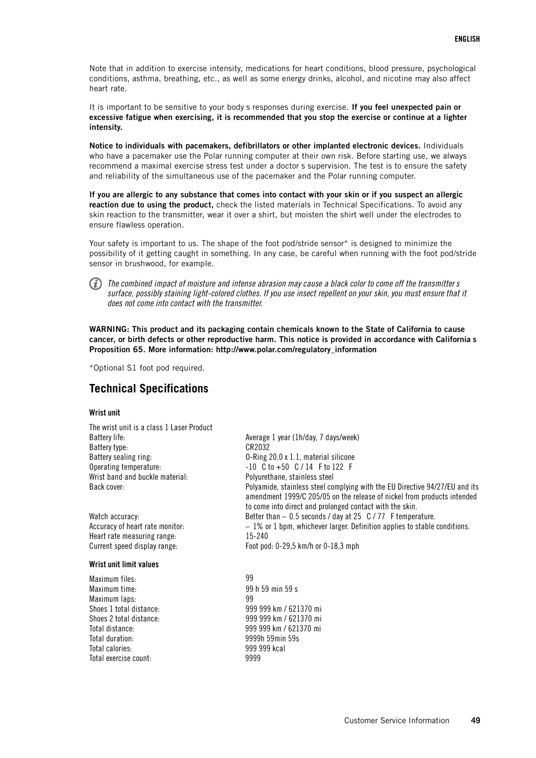 Polar RS400 user manual Technical Specifications, Wrist unit 