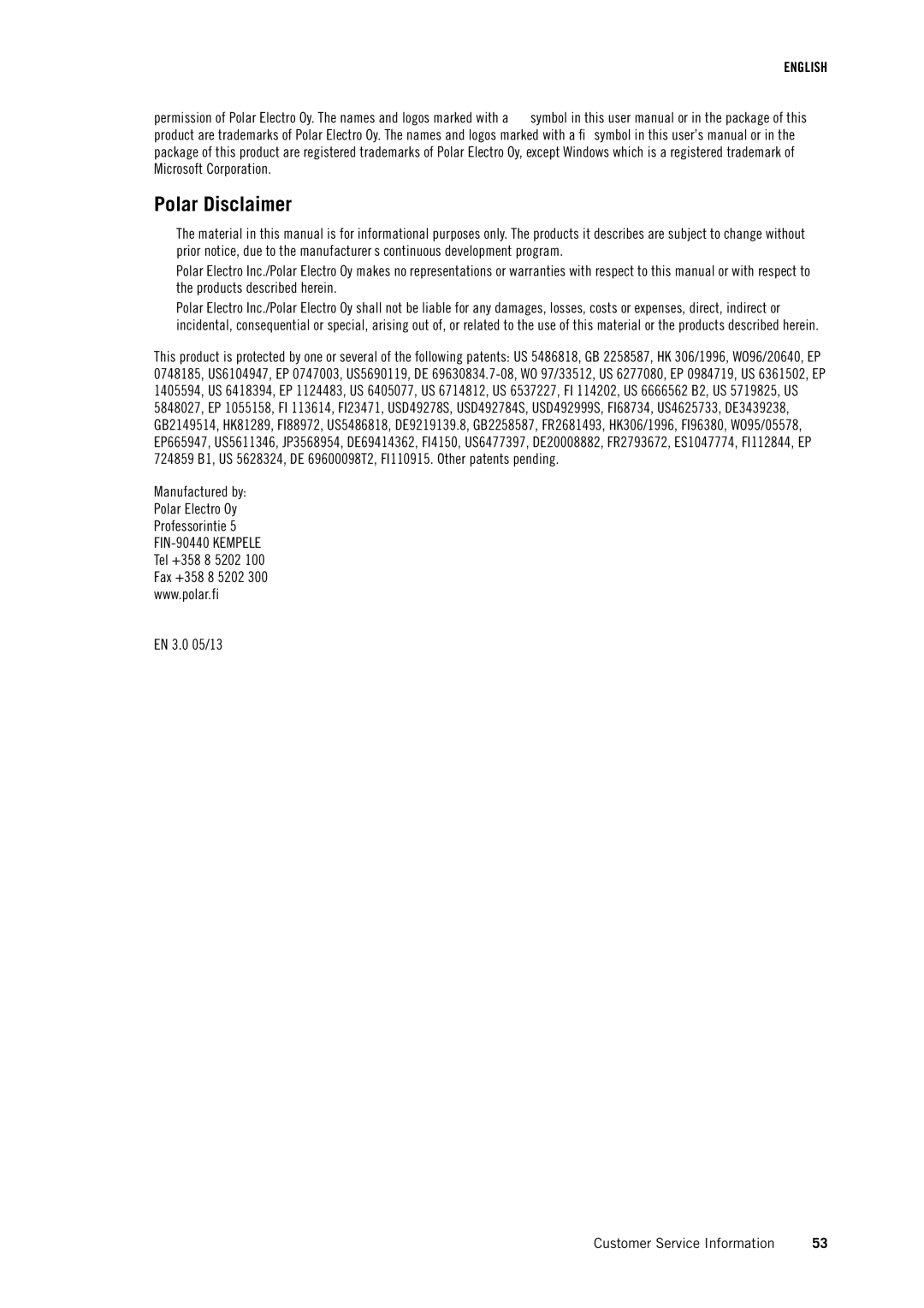 Polar RS400 user manual Polar Disclaimer 