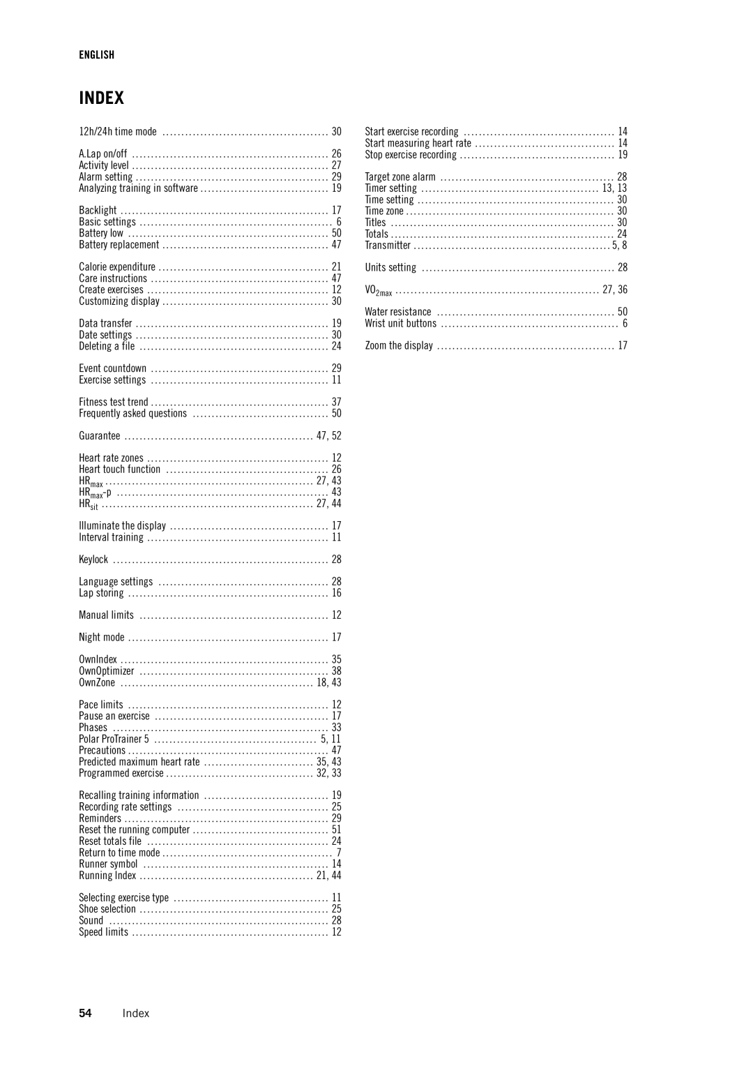 Polar RS400 user manual Index 