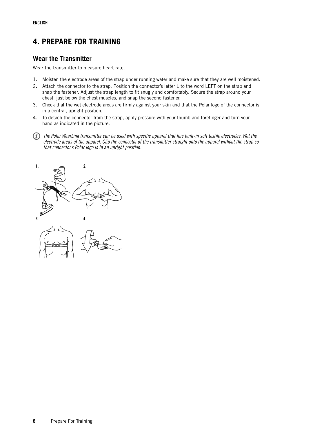 Polar RS400 user manual Prepare for Training, Wear the Transmitter 