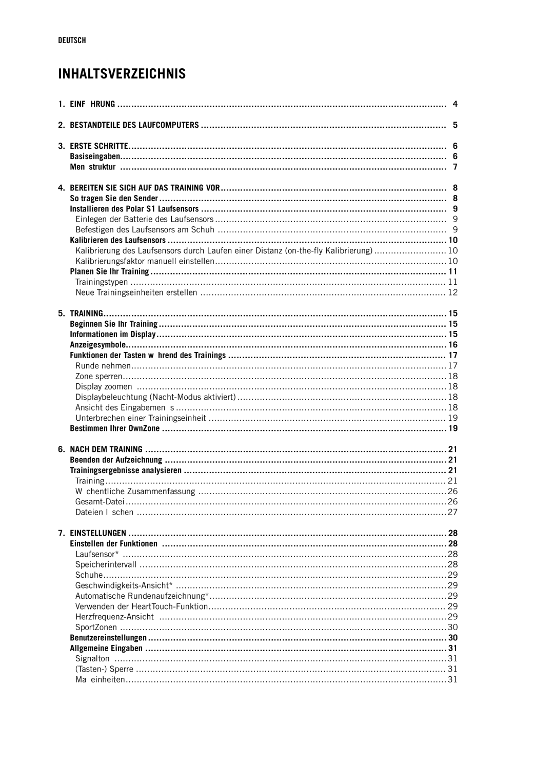 Polar RS400 manual Inhaltsverzeichnis 