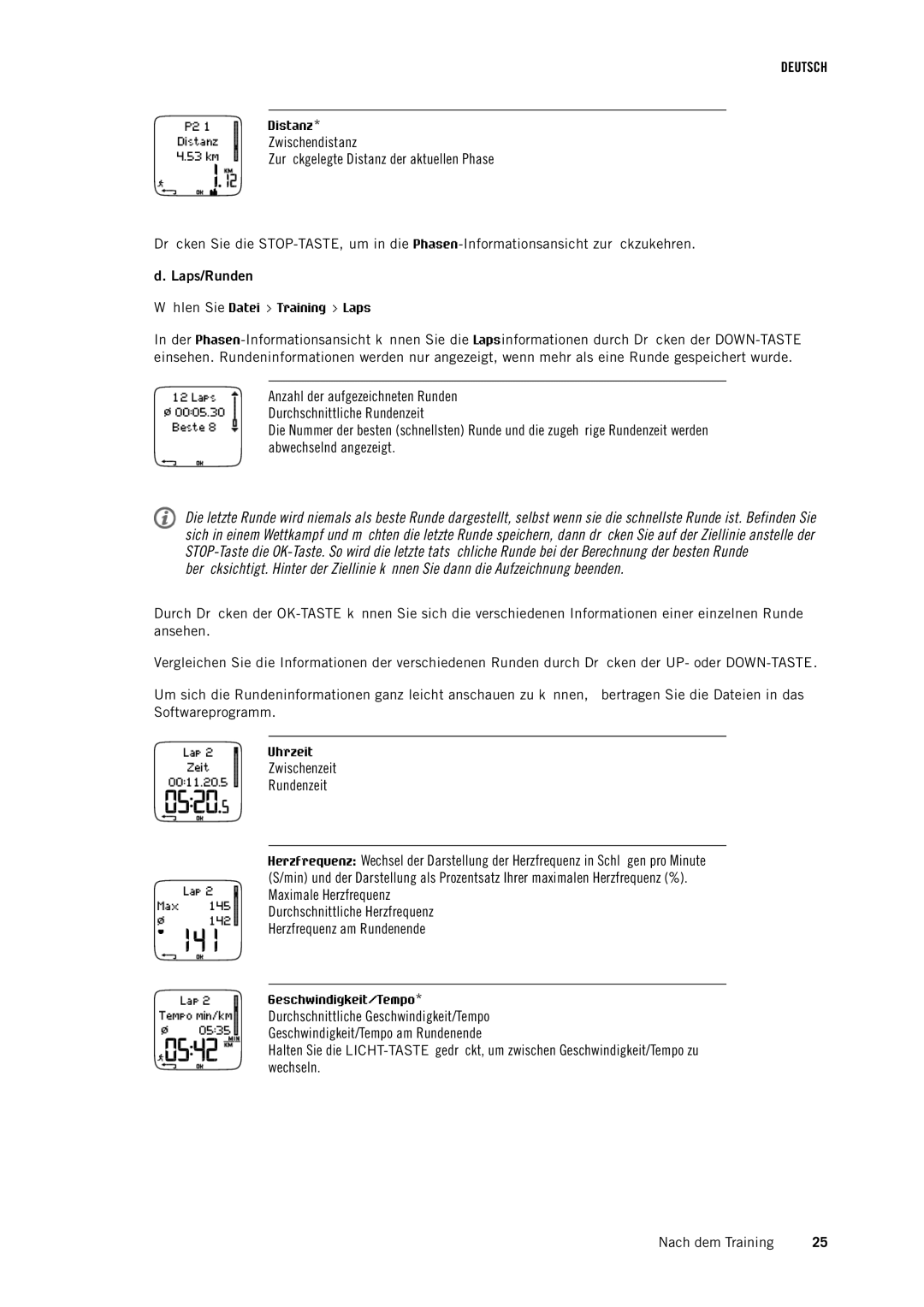 Polar RS400 manual Zwischendistanz Zurückgelegte Distanz der aktuellen Phase, Laps/Runden 