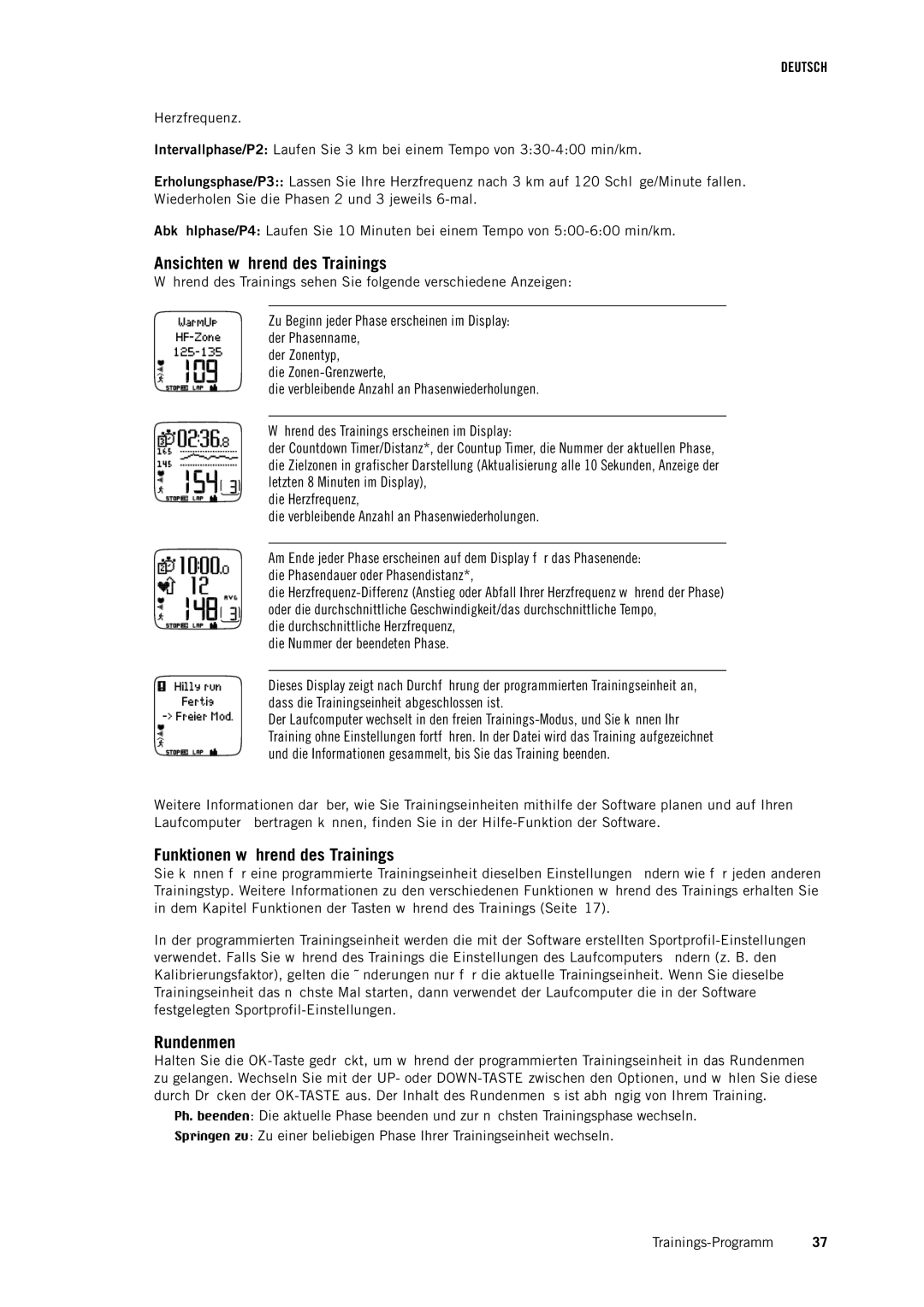 Polar RS400 manual Ansichten während des Trainings, Funktionen während des Trainings, Rundenmenü 