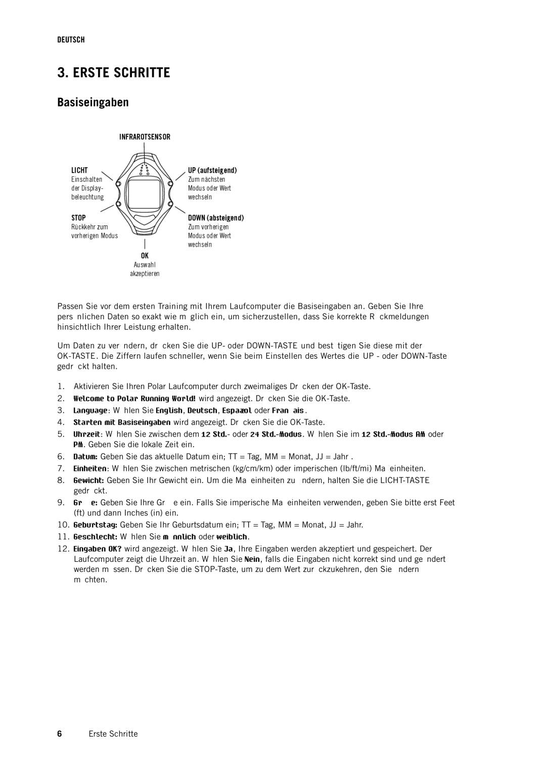 Polar RS400 manual Erste Schritte, Basiseingaben 
