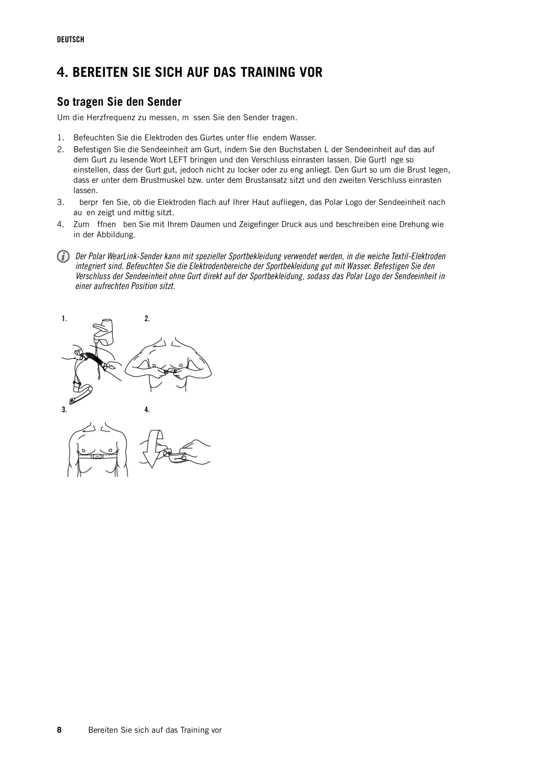 Polar RS400 manual Bereiten SIE Sich AUF DAS Training VOR, So tragen Sie den Sender 