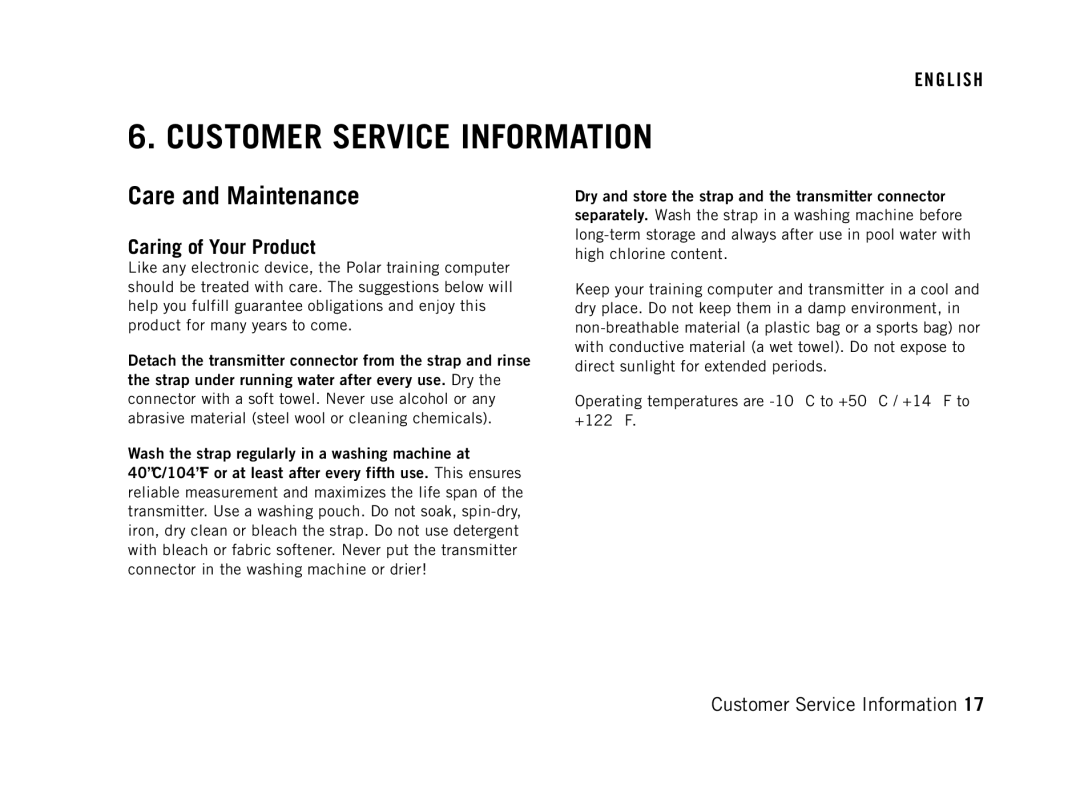 Polar RS800 manual Customer Service Information, Care and Maintenance, Caring of Your Product 