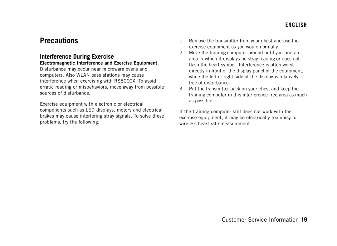 Polar RS800 manual Precautions, Interference During Exercise, Electromagnetic Interference and Exercise Equipment 