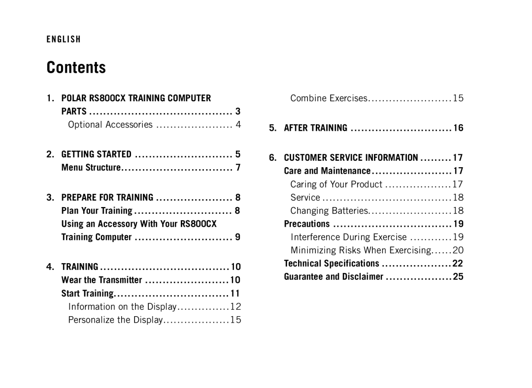 Polar RS800 manual Contents 