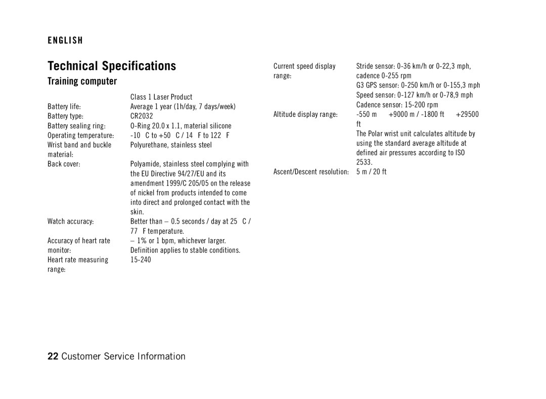 Polar RS800 manual Technical Specifications, EU Directive 94/27/EU and its 