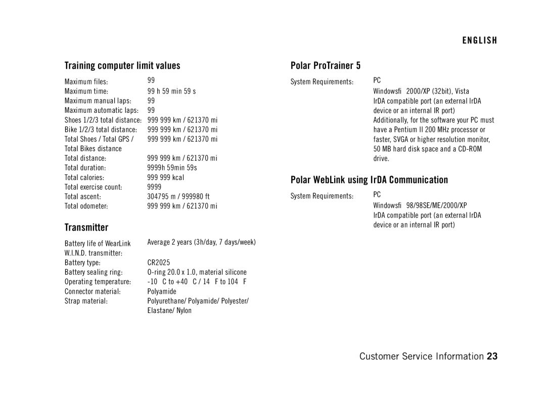 Polar RS800 manual Training computer limit values, Transmitter, Polar ProTrainer, Polar WebLink using IrDA Communication 